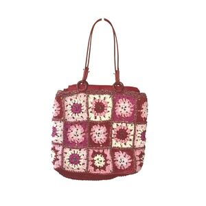 Bohemian Crochet Granny Square Handbag Red Pink White Beaded Wood Handle Accent